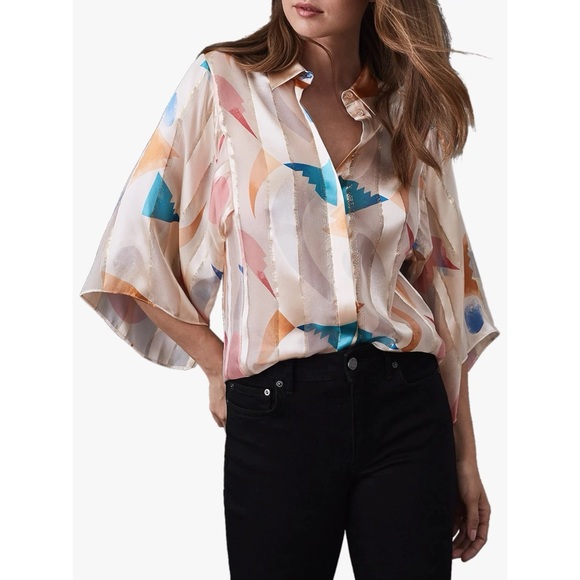 Reiss Tops - REISS Semina Silk Wide Sleeved Blouse in Neutral